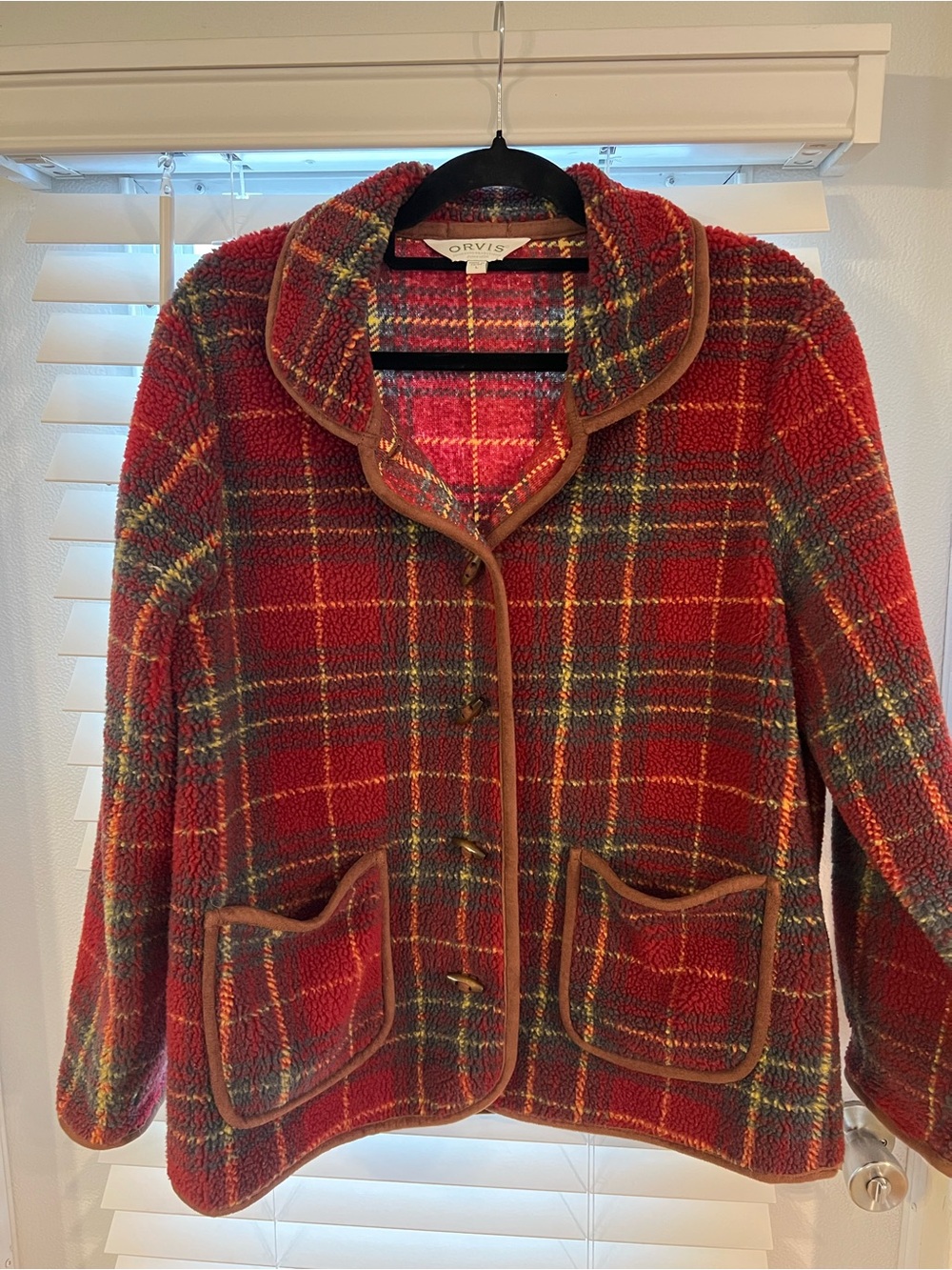 vintage Orvis Sherpa Fleece Jacket red tartan plaid pattern sz Large
